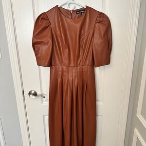 Brown vegan leather dress with puff sleeves